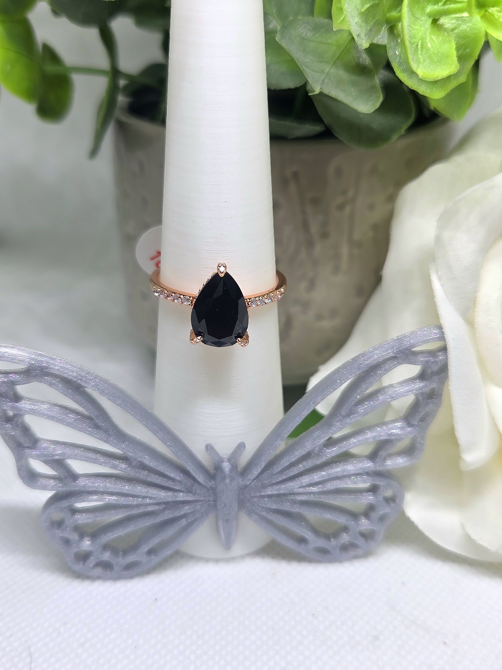BP Rose Gold Ring with Black Onyx CZ Teardrop Stone